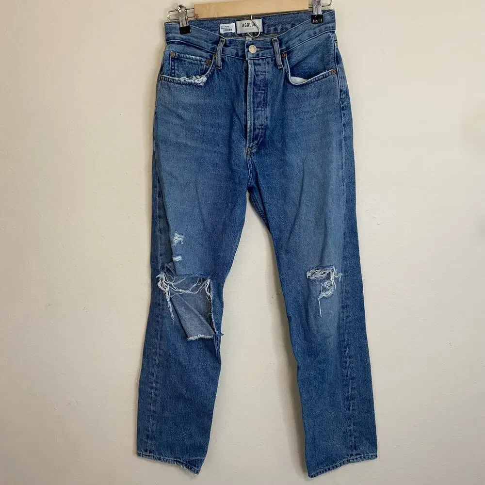 Agolde Women's Jeans 90's Pinch‎ Waist High Rise Straight Distressed Blue 25